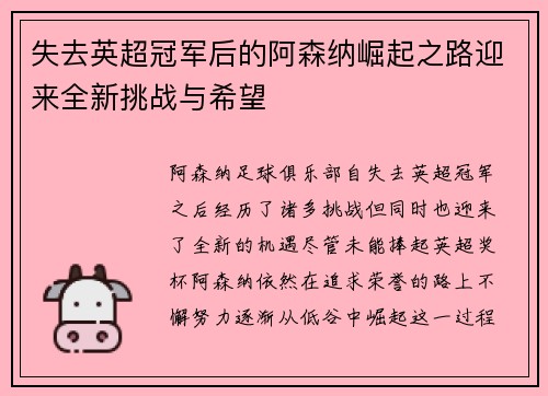 失去英超冠军后的阿森纳崛起之路迎来全新挑战与希望